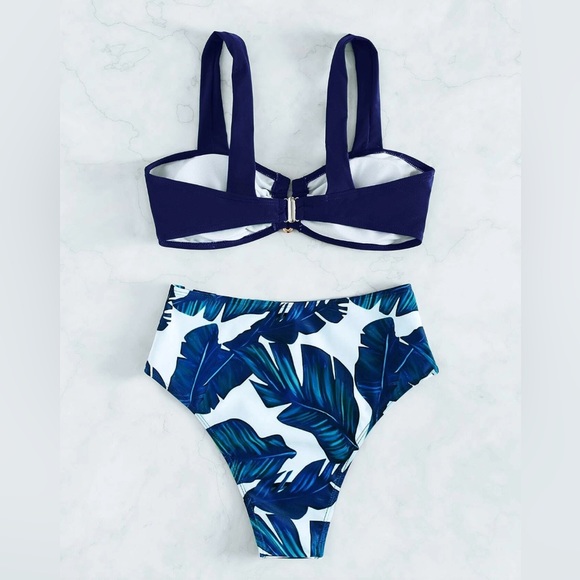 High Waist Blue Tropical Print Bikini Swimsuit - Picture 6 of 8